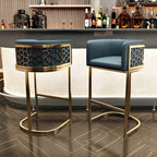 Champagne Gold Leather Bar Stool With Geometric Cutout Arms and Footrest
