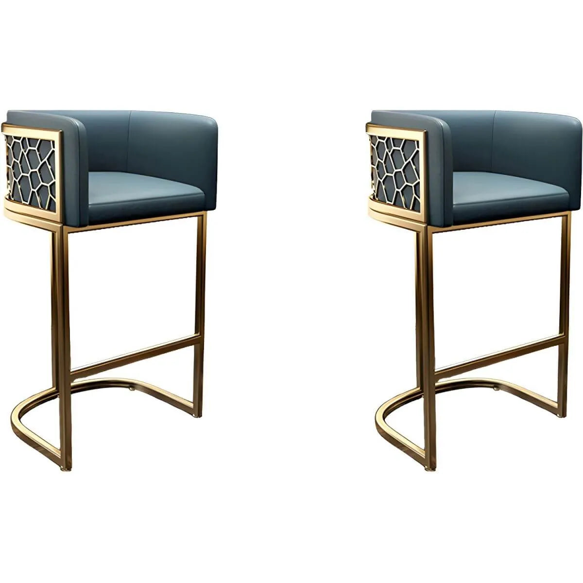 Champagne Gold Leather Bar Stool With Geometric Cutout Arms and Footrest