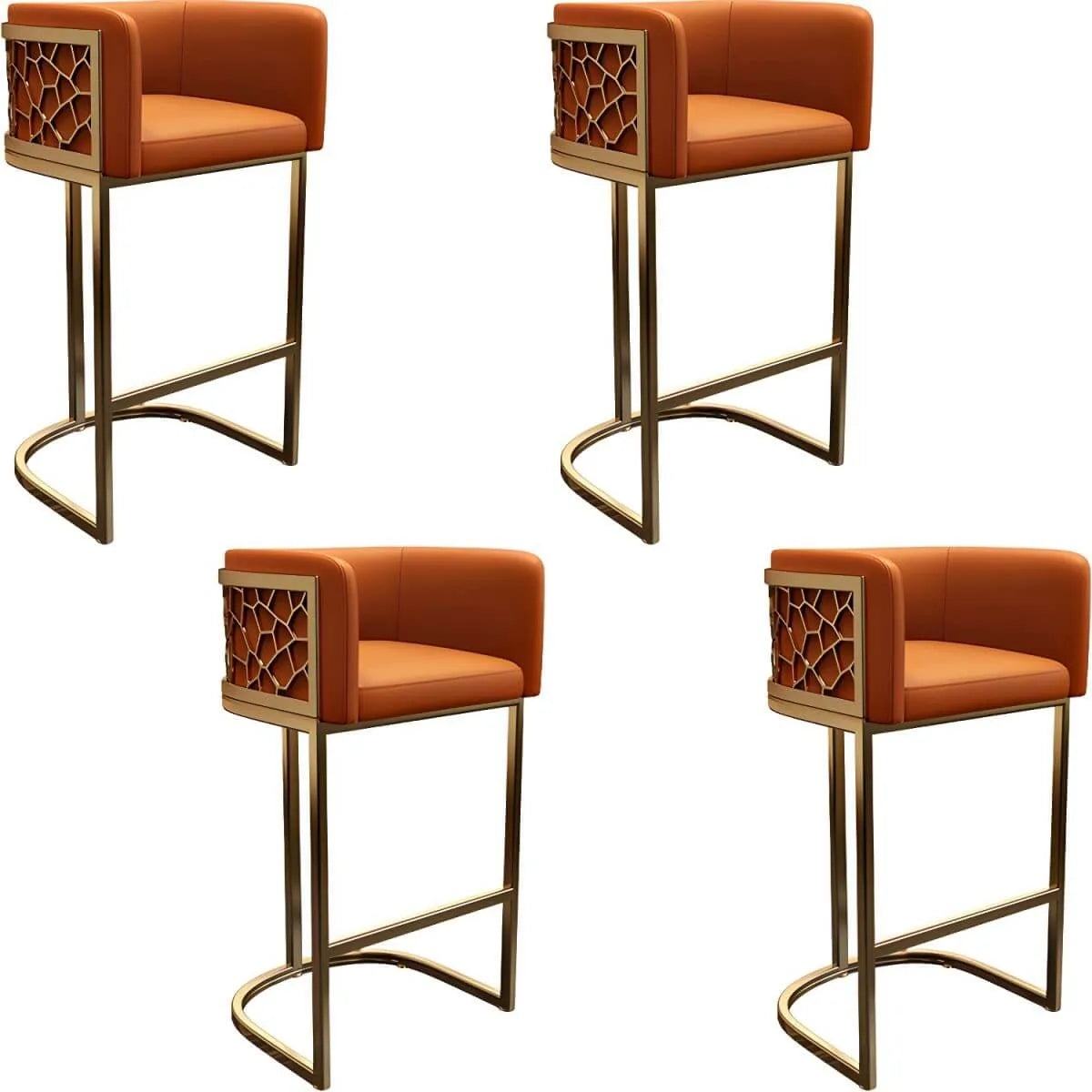 Champagne Gold Leather Bar Stool With Geometric Cutout Arms and Footrest