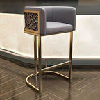 Champagne Gold Leather Bar Stool With Geometric Cutout Arms and Footrest