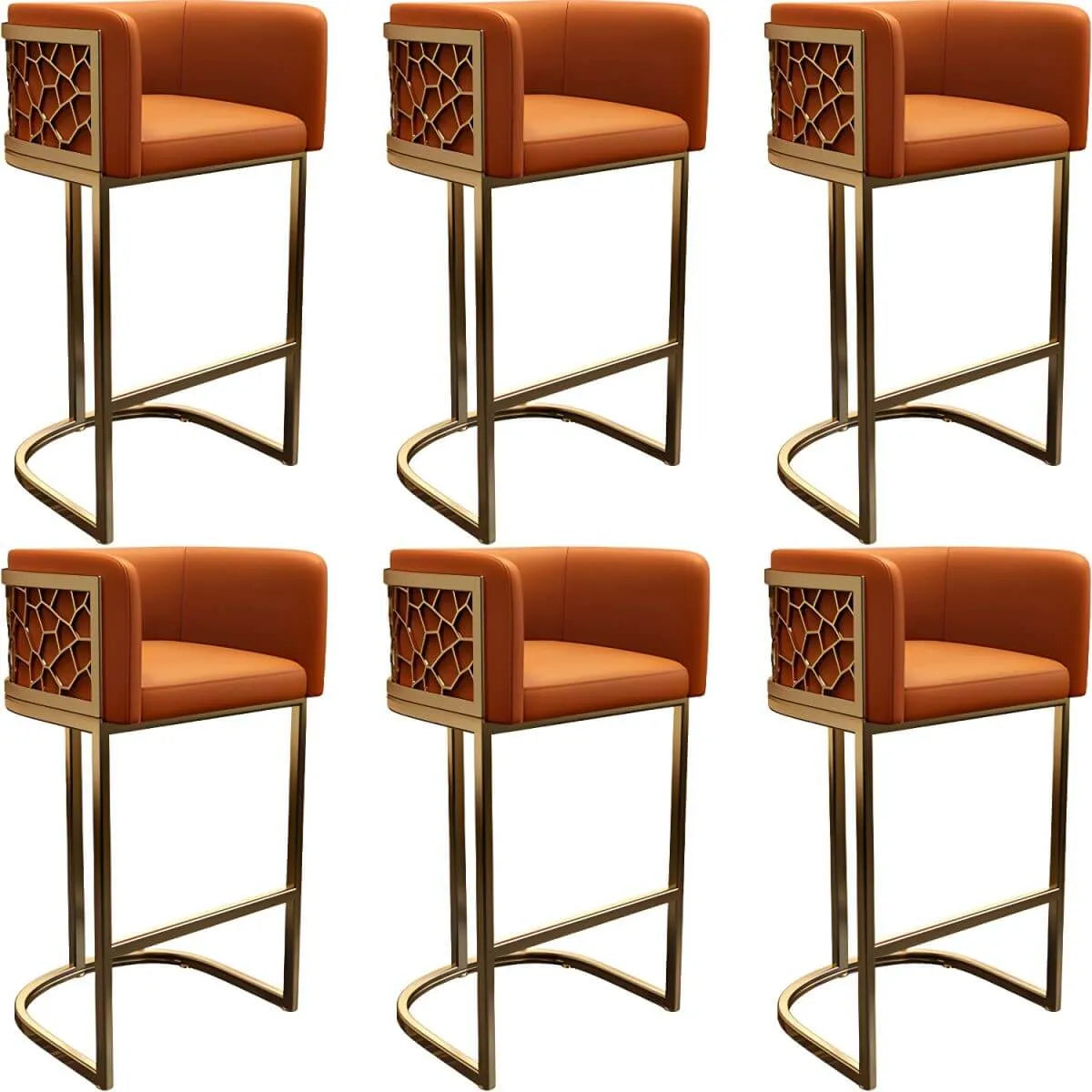 Champagne Gold Leather Bar Stool With Geometric Cutout Arms and Footrest