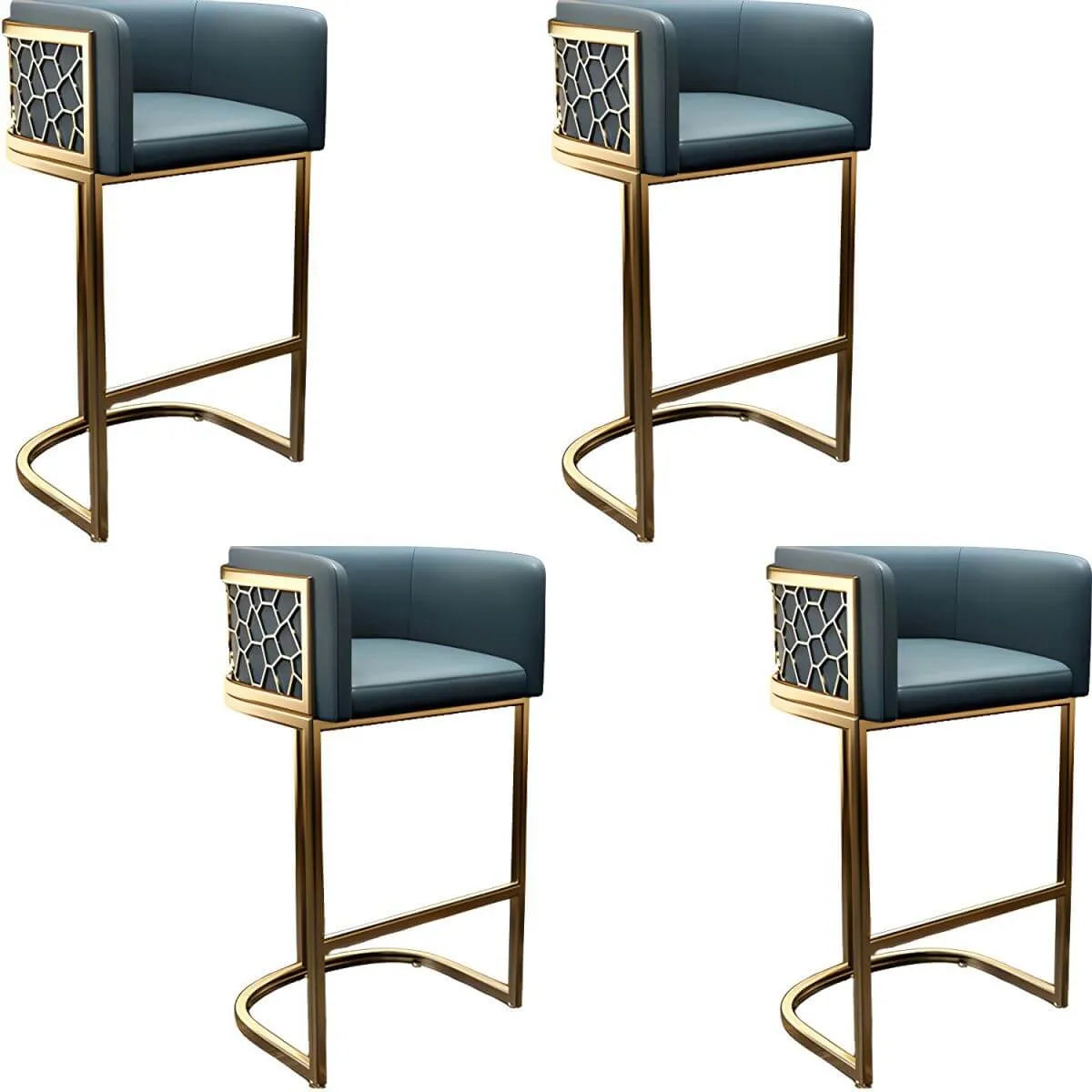 Champagne Gold Leather Bar Stool With Geometric Cutout Arms and Footrest