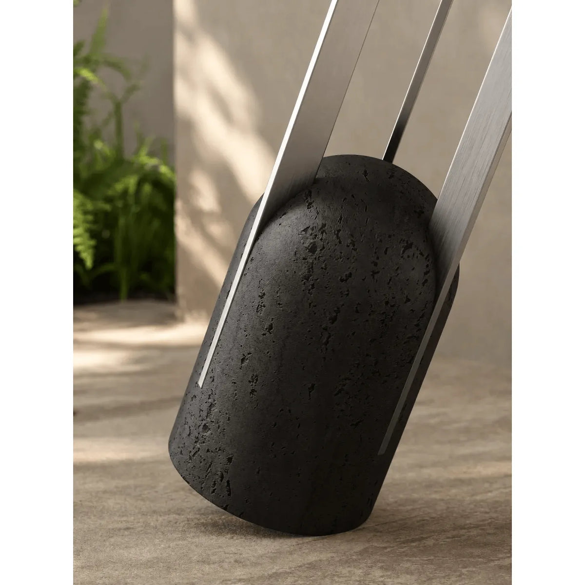 Charcoal Black Travertine Side Table with Sculptural Metal Base