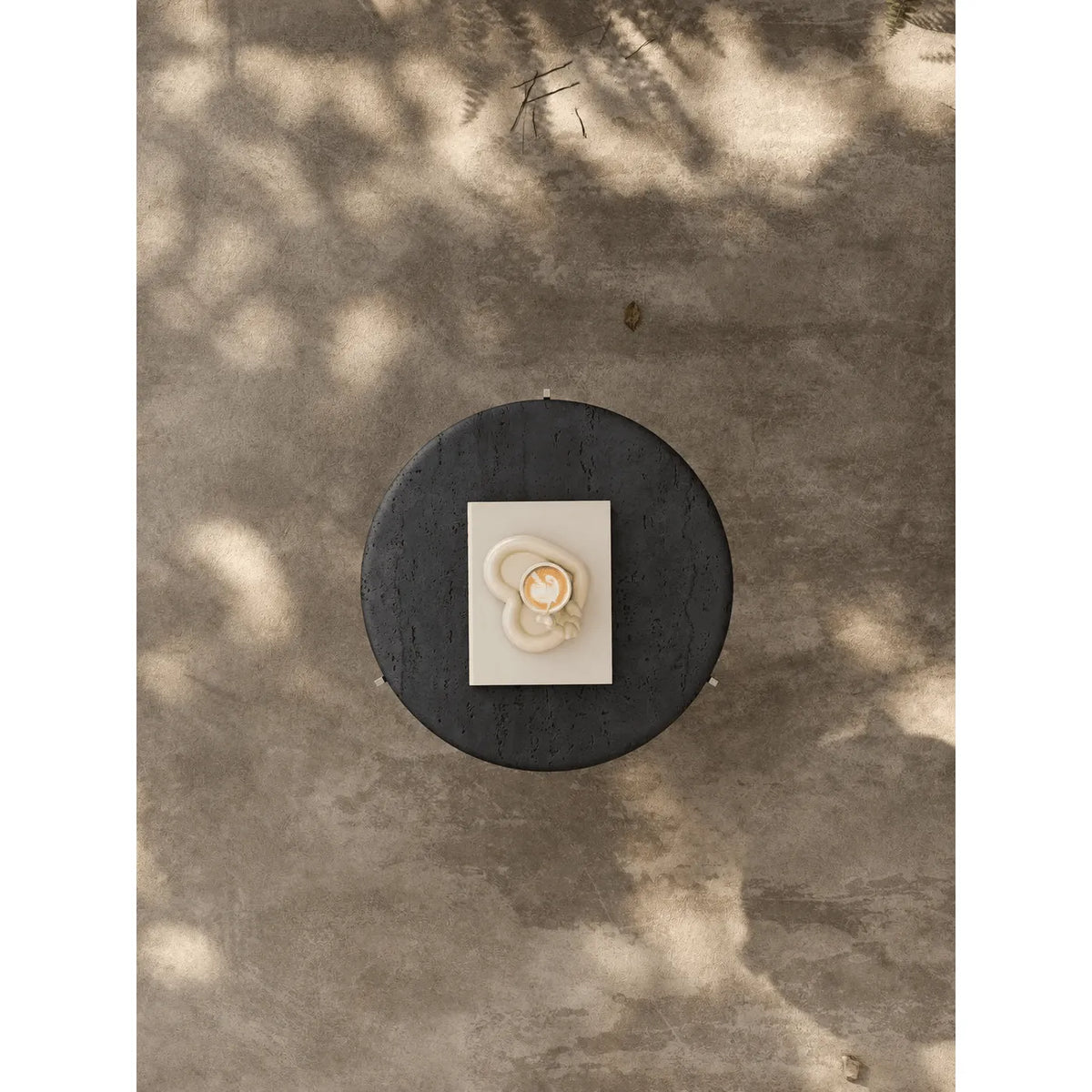 Charcoal Black Travertine Side Table with Sculptural Metal Base