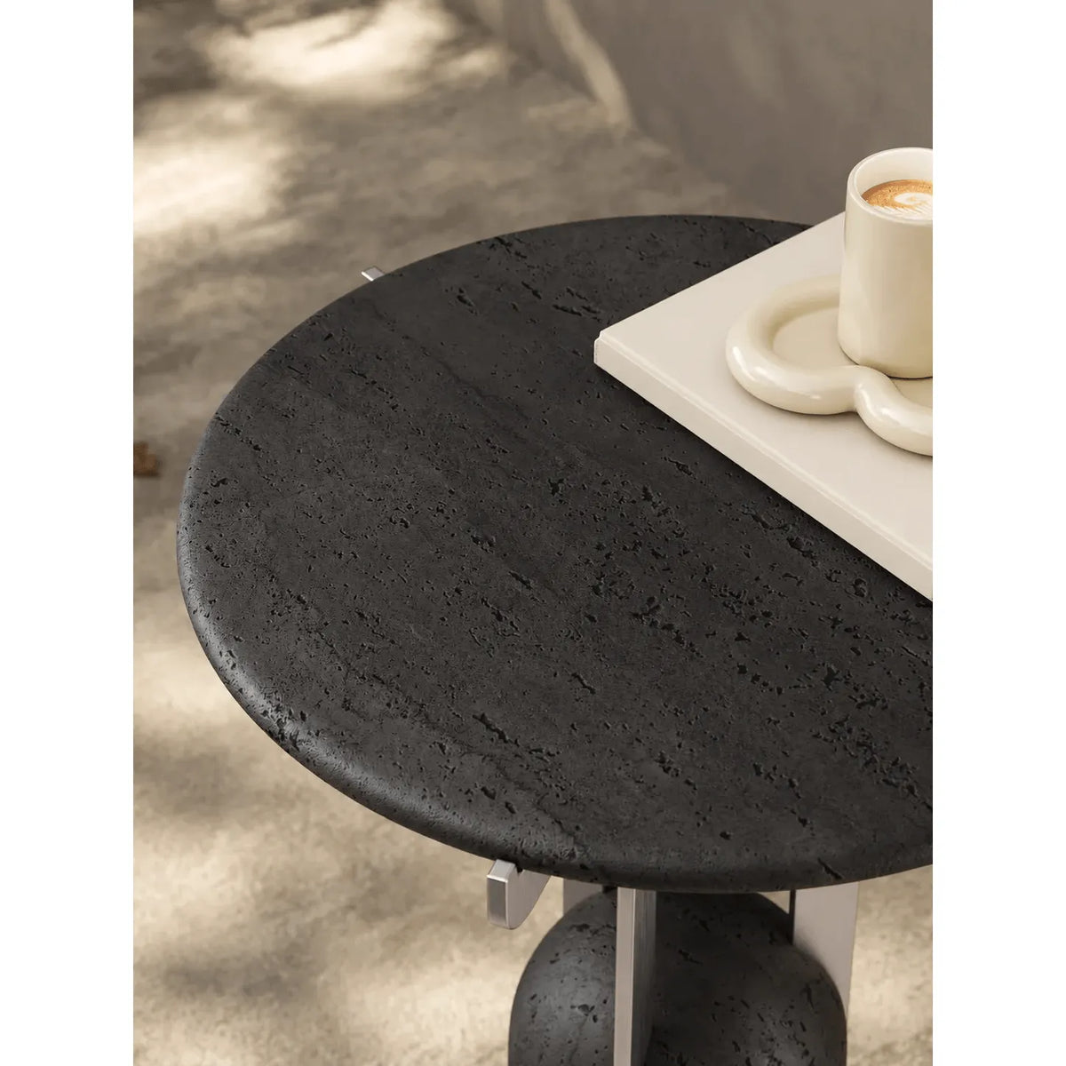 Charcoal Black Travertine Side Table with Sculptural Metal Base
