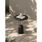Charcoal Black Travertine Side Table with Sculptural Metal Base