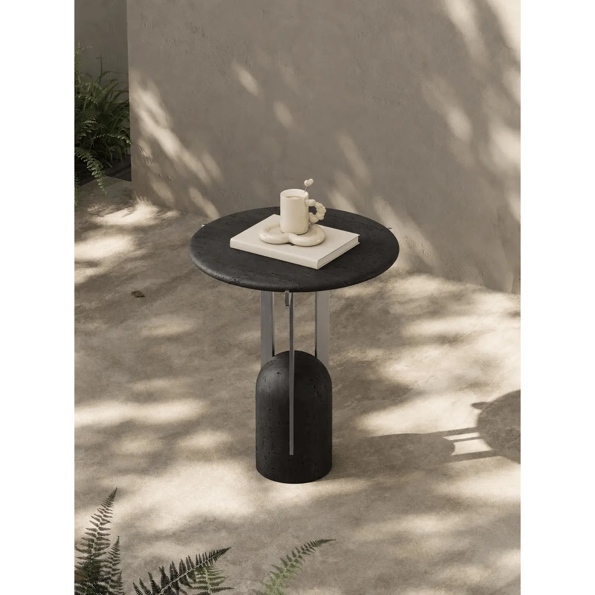 Charcoal Black Travertine Side Table with Sculptural Metal Base