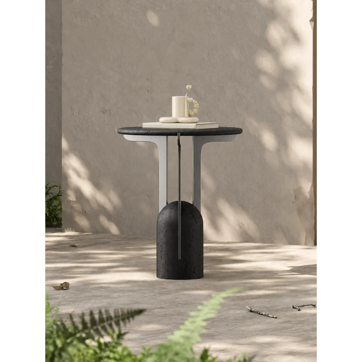 Charcoal Black Travertine Side Table with Sculptural Metal Base Main Product Image