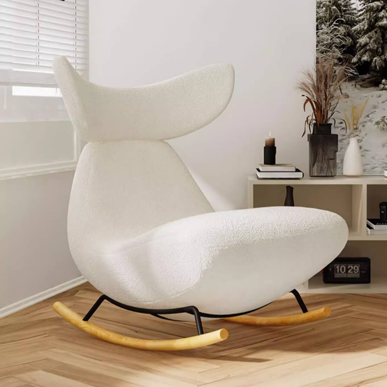 Charming Little Whale Boucle Rocking Chair in White with Solid Wood Frame