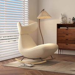 Modern White Boucle Whale-Shaped Rocking Chair with Wooden Base