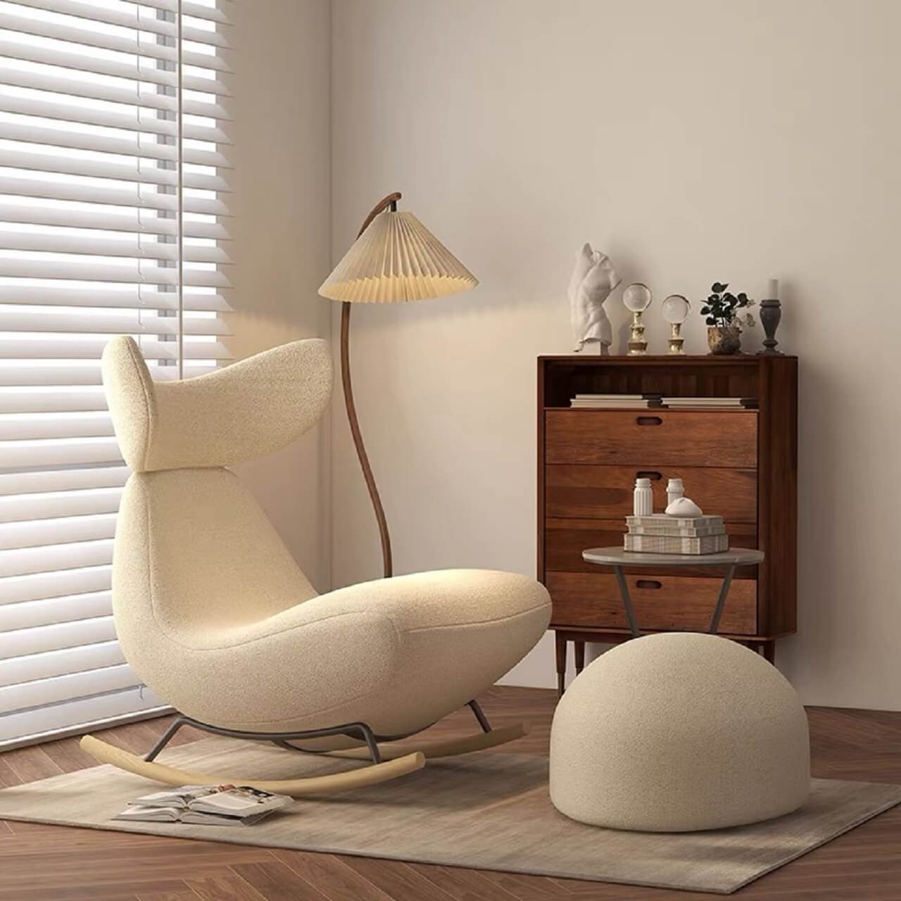 Solid Wood Frame White Boucle Rocking Chair in Whale Shape