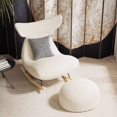 Whale-Themed Boucle Rocking Chair in White with Solid Wood Support