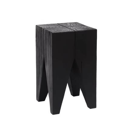 Charred Black Solid Wood Stool with Unique Natural Texture
