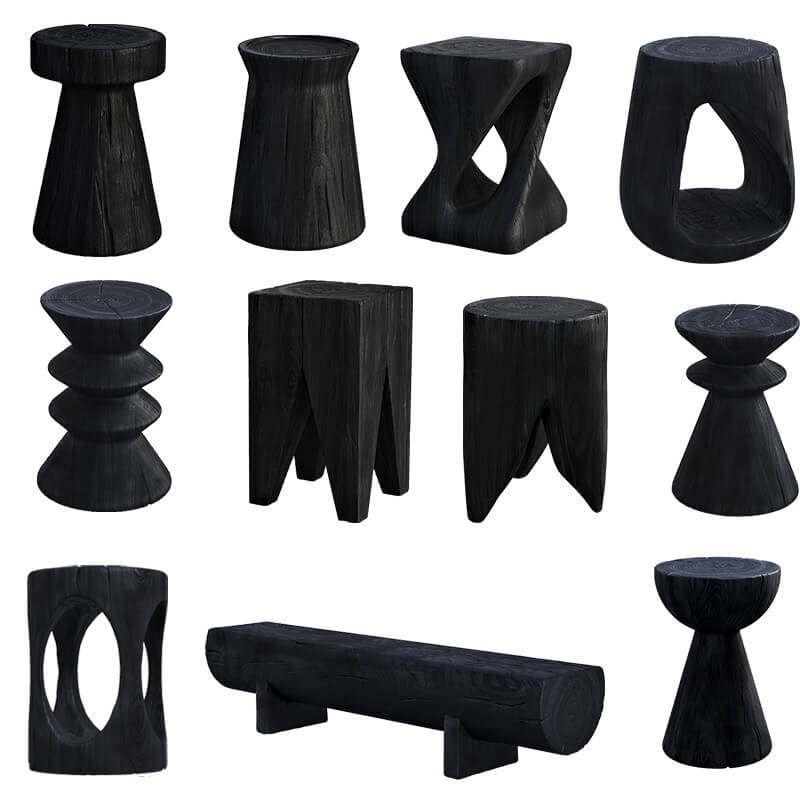 Charred Black Solid Wood Stool with Unique Natural Texture Main Product Image Hauptbild
