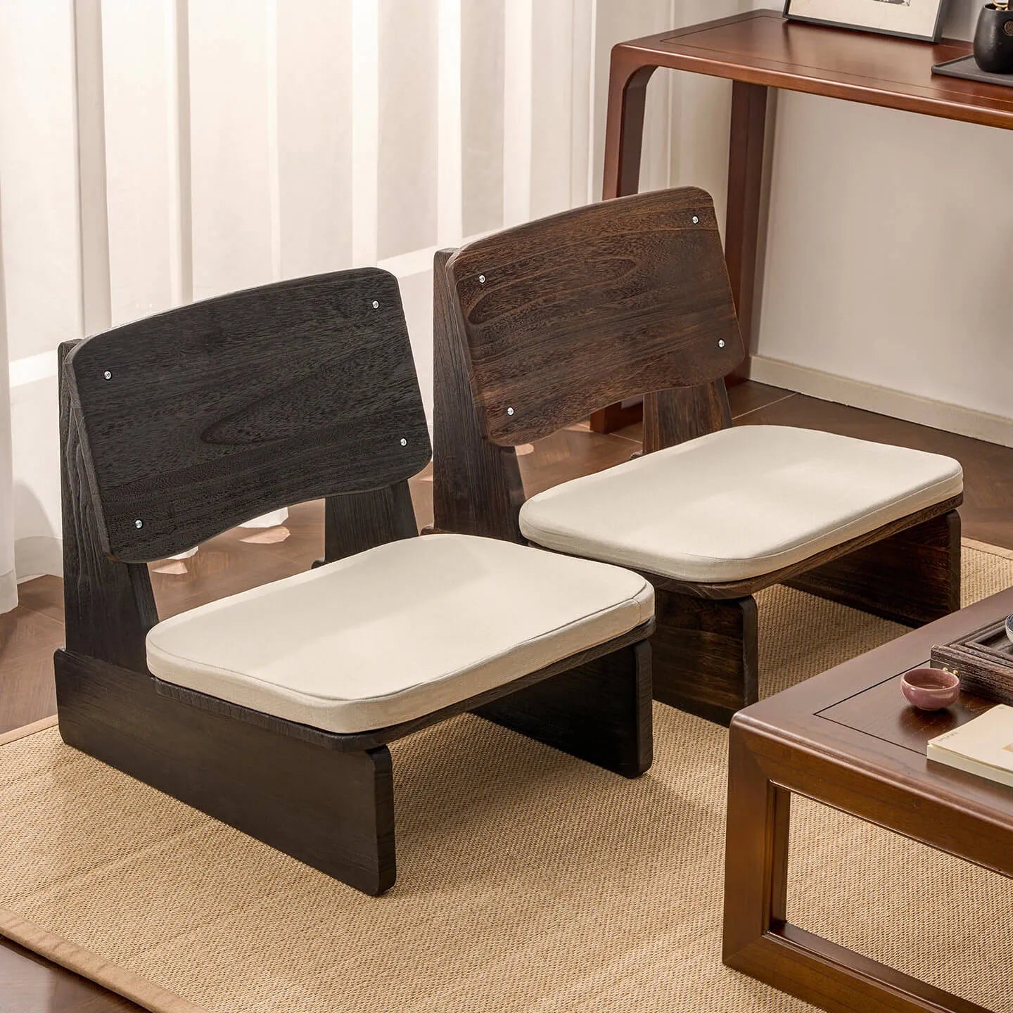 Charred Paulownia Solid Wood Chair Series with Linen Blend Cushions