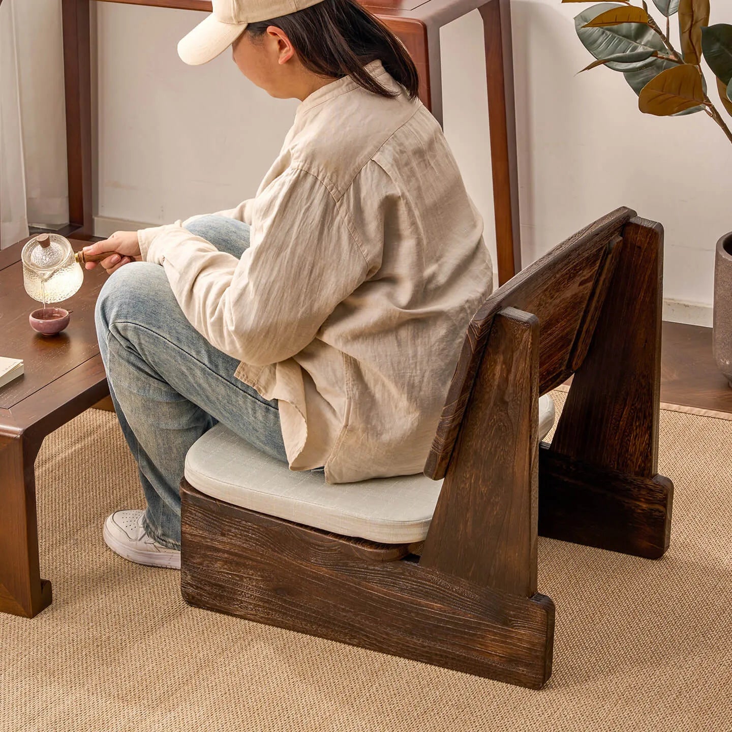 Charred Paulownia Solid Wood Chair Series with Linen Blend Cushions