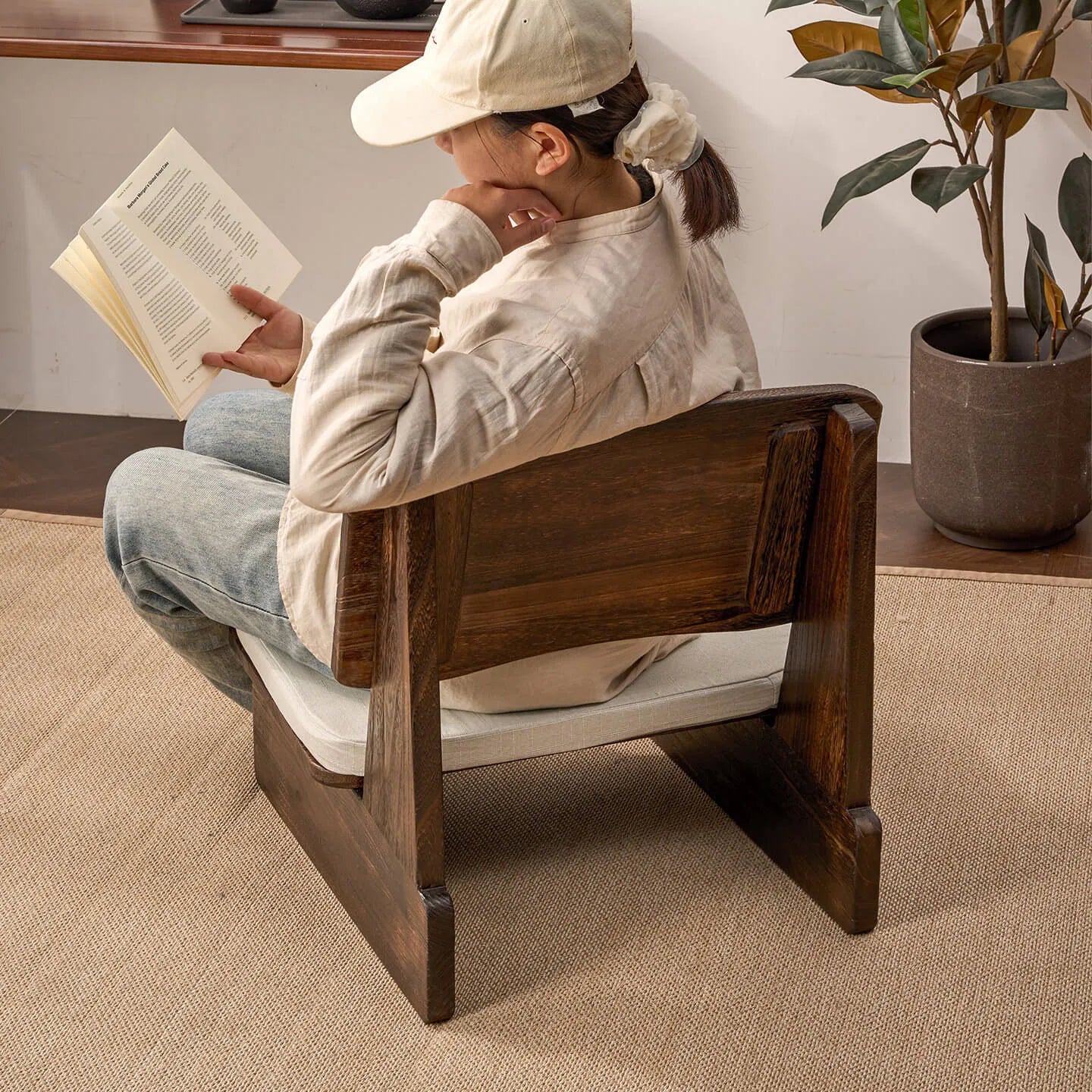 Charred Paulownia Solid Wood Chair Series with Linen Blend Cushions