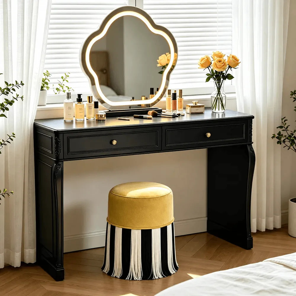 Chartreuse Tassel Drum Ottoman Stool for Vanity, Bedroom and Entry