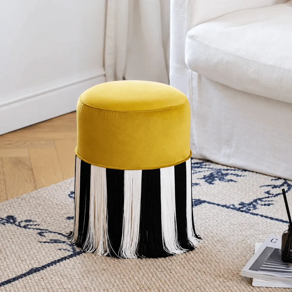 Chartreuse Tassel Drum Ottoman Stool for Vanity, Bedroom and Entry