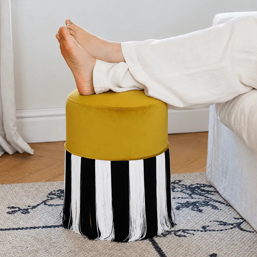Chartreuse Tassel Drum Ottoman Stool for Vanity, Bedroom and Entry
