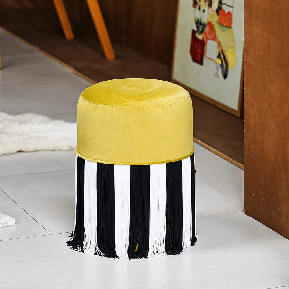 Chartreuse Tassel Drum Ottoman Stool for Vanity, Bedroom and Entry