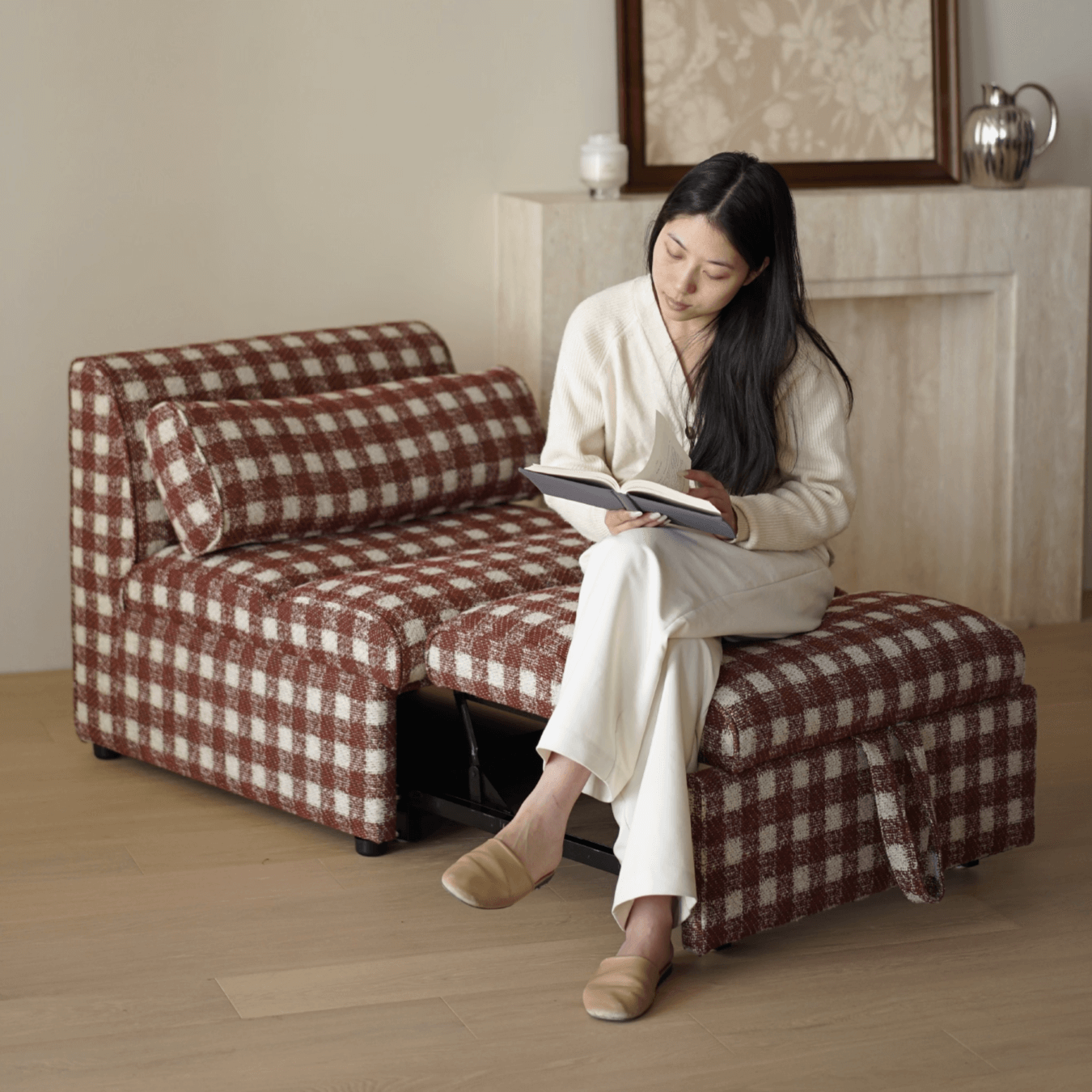 Checkered Folding Sleeper Sofa Bed with Solid Wood Frame