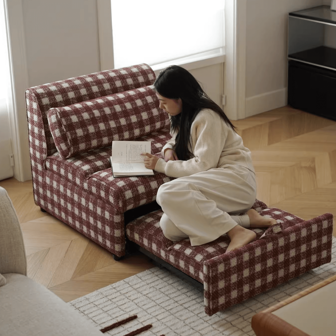 Checkered Folding Sleeper Sofa Bed with Solid Wood Frame