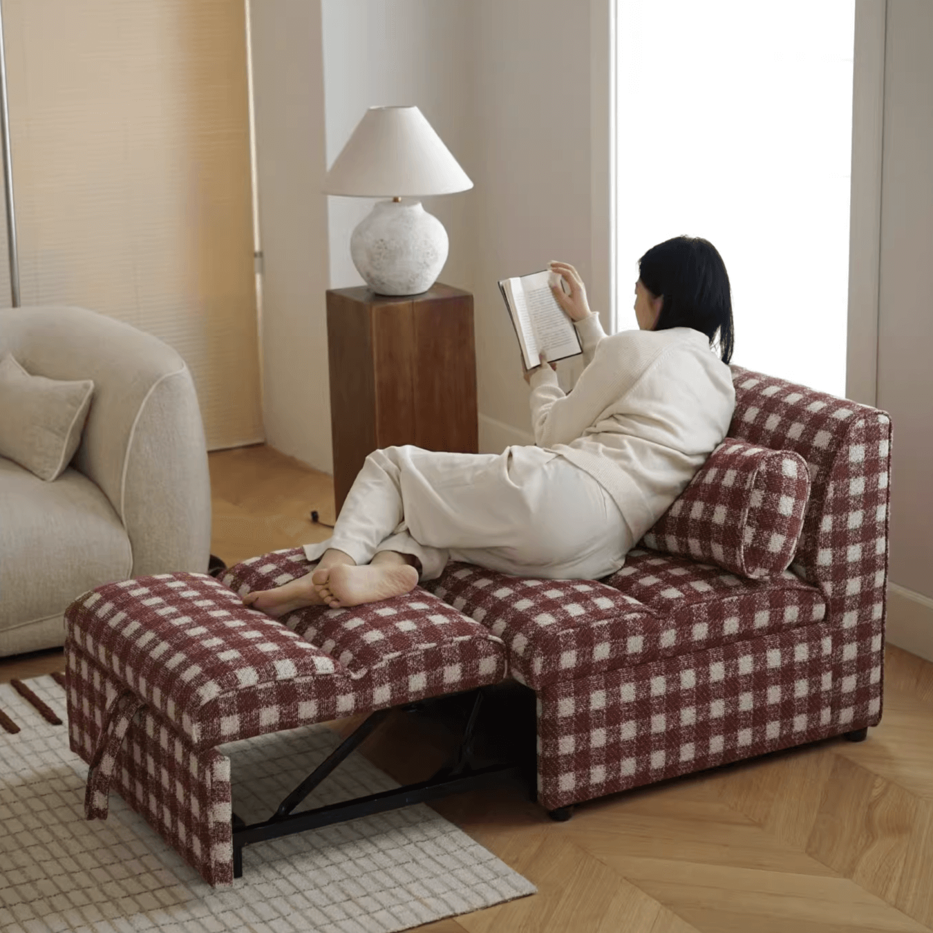 Checkered Folding Sleeper Sofa Bed with Solid Wood Frame