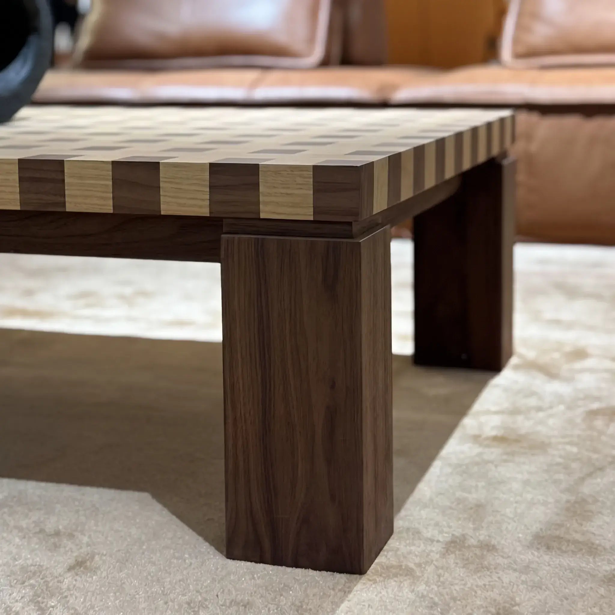 Checkered Solid Ash & Walnut Coffee Table with Sculptural Square Legs