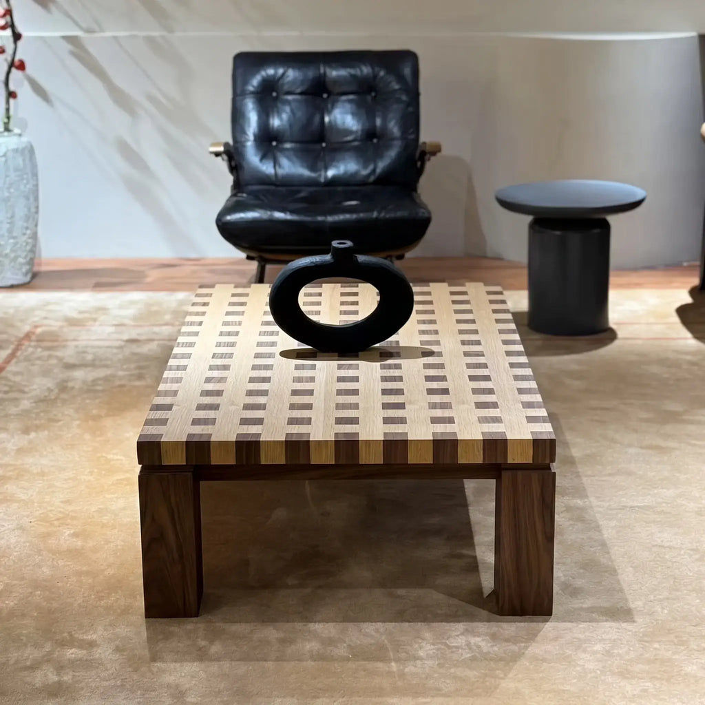 Checkered Solid Ash & Walnut Coffee Table with Sculptural Square Legs