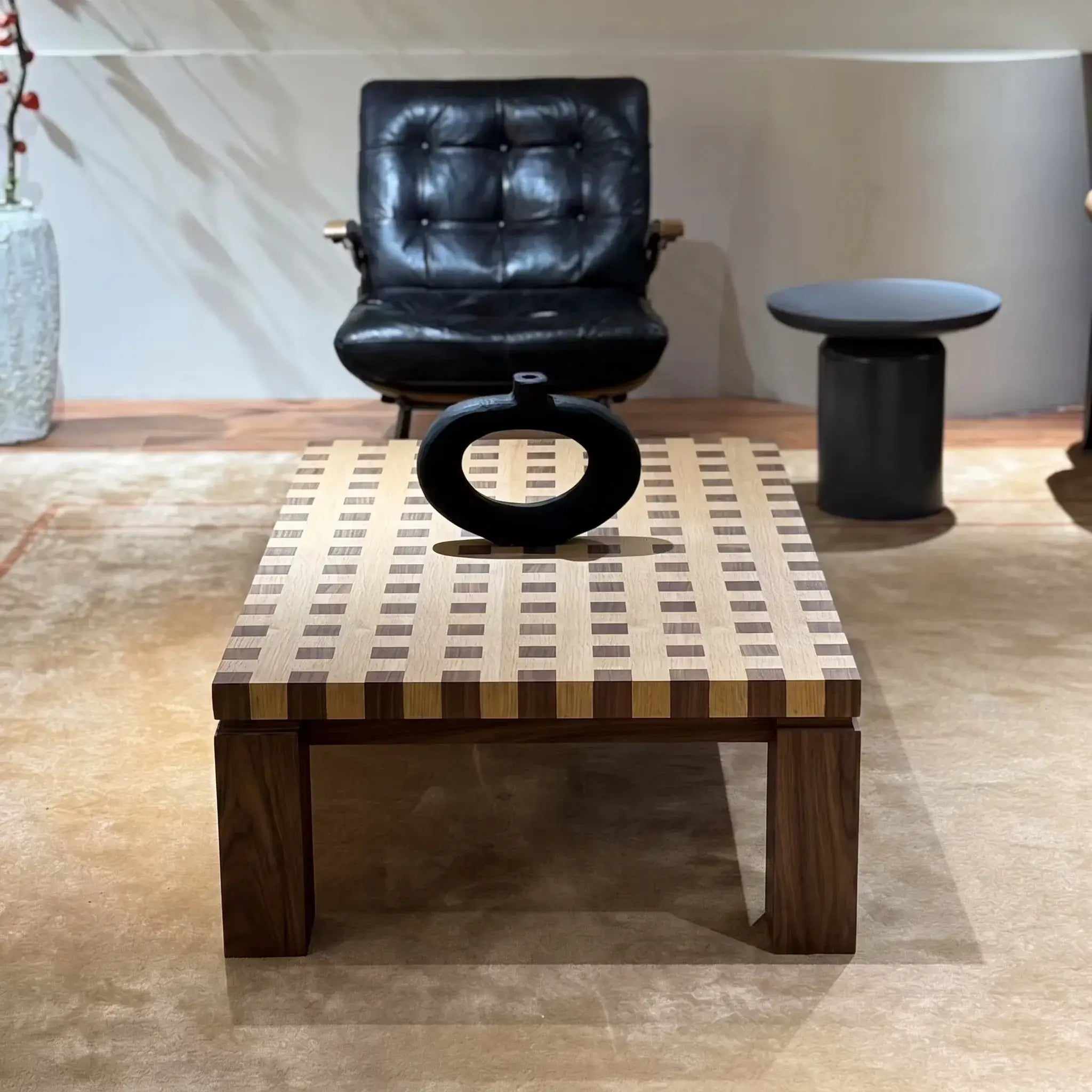 Checkered Solid Ash & Walnut Coffee Table with Sculptural Square Legs