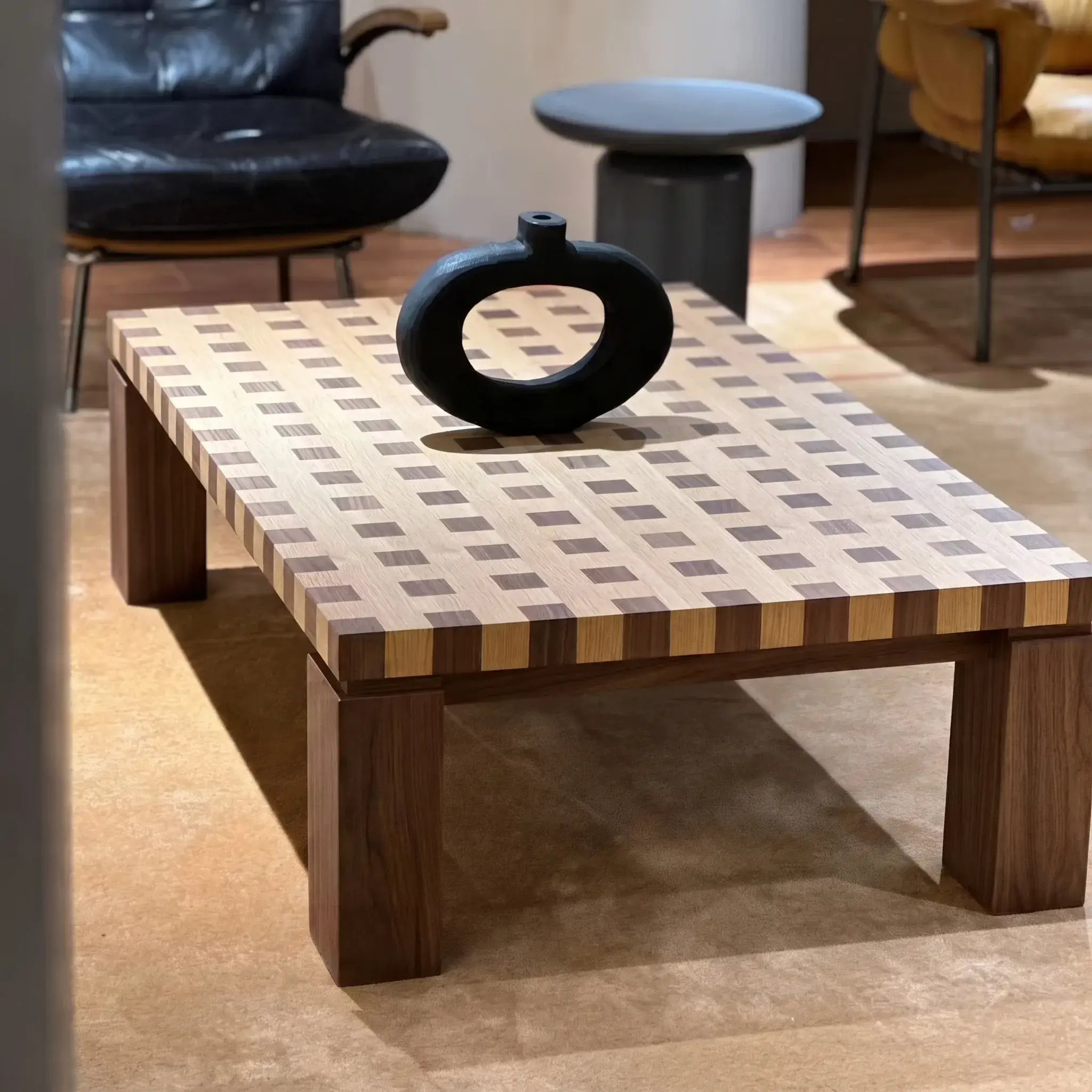 Checkered Solid Ash & Walnut Coffee Table with Sculptural Square Legs