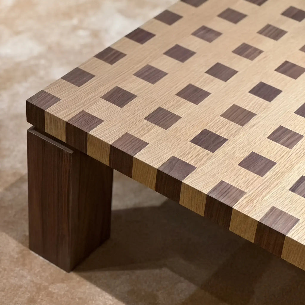 Checkered Solid Ash & Walnut Coffee Table with Sculptural Square Legs