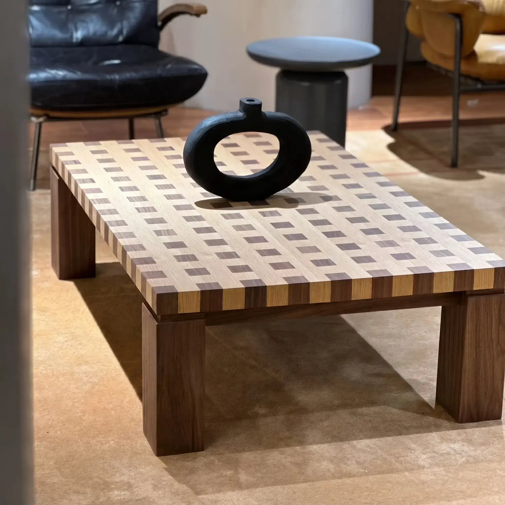 Checkered Solid Ash & Walnut Coffee Table with Sculptural Square Legs Main Product Image