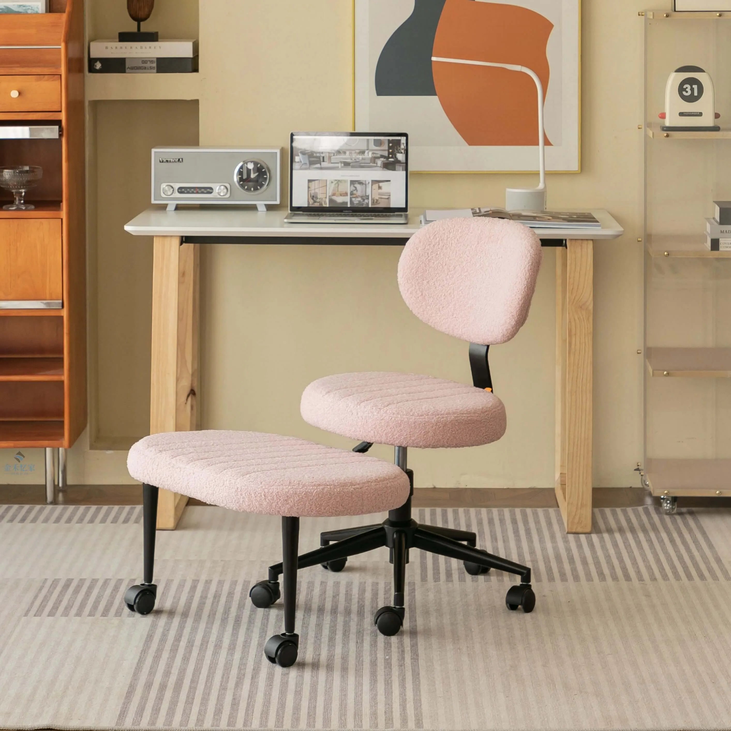 Chenille Meditation Office Chair With Swivel Footrest, Ergonomic Lounge Design