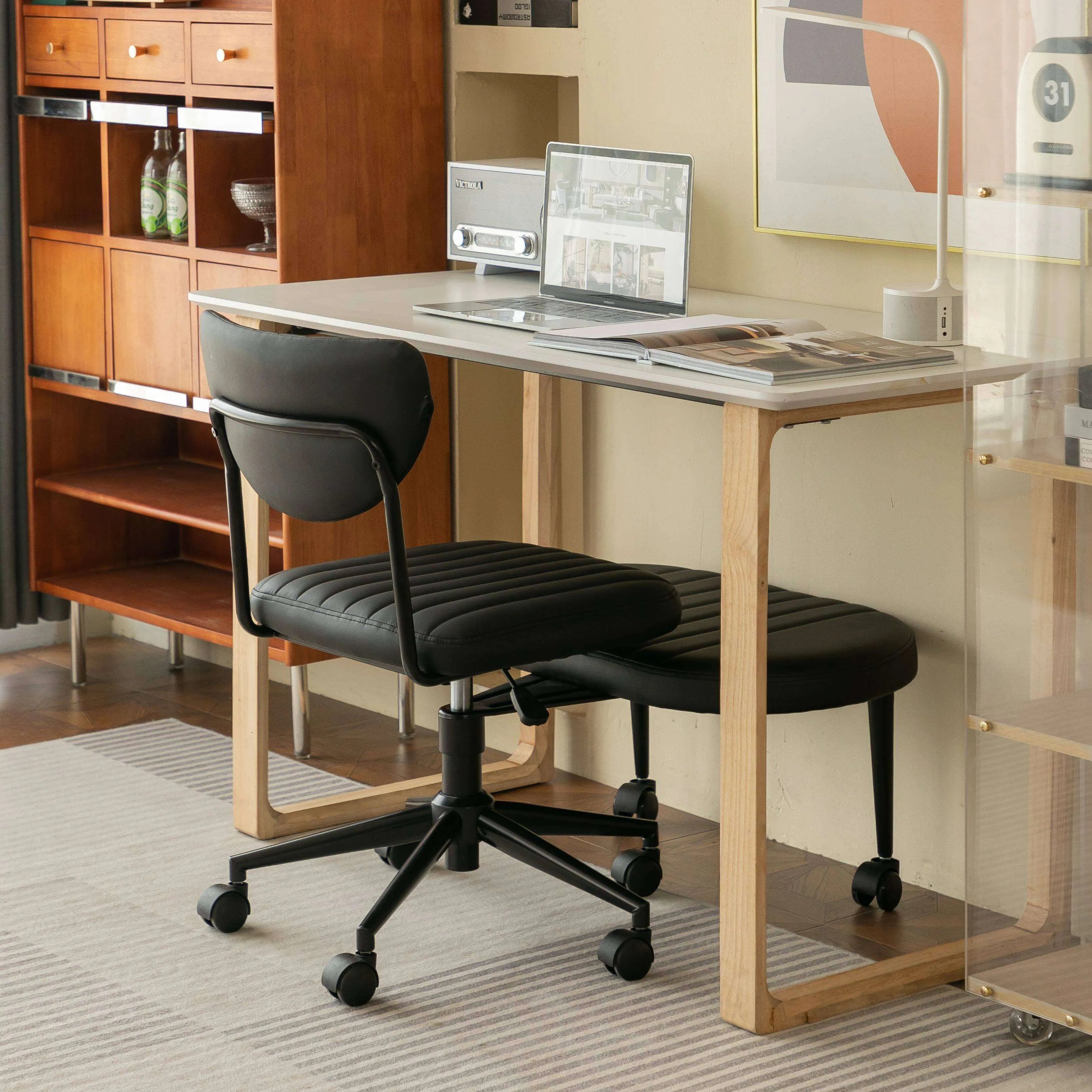 Chenille Meditation Office Chair With Swivel Footrest, Ergonomic Lounge Design