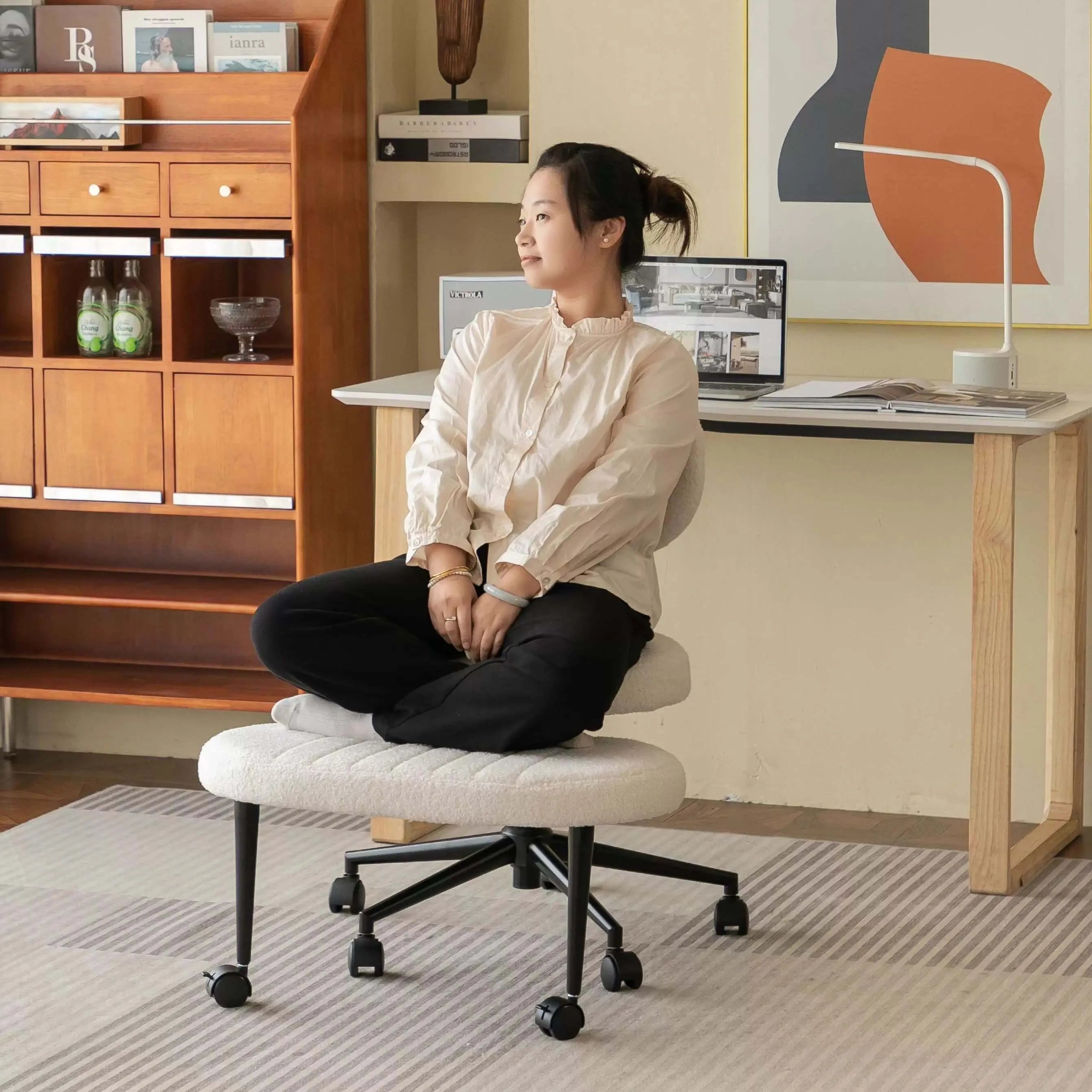 Chenille Meditation Office Chair With Swivel Footrest, Ergonomic Lounge Design