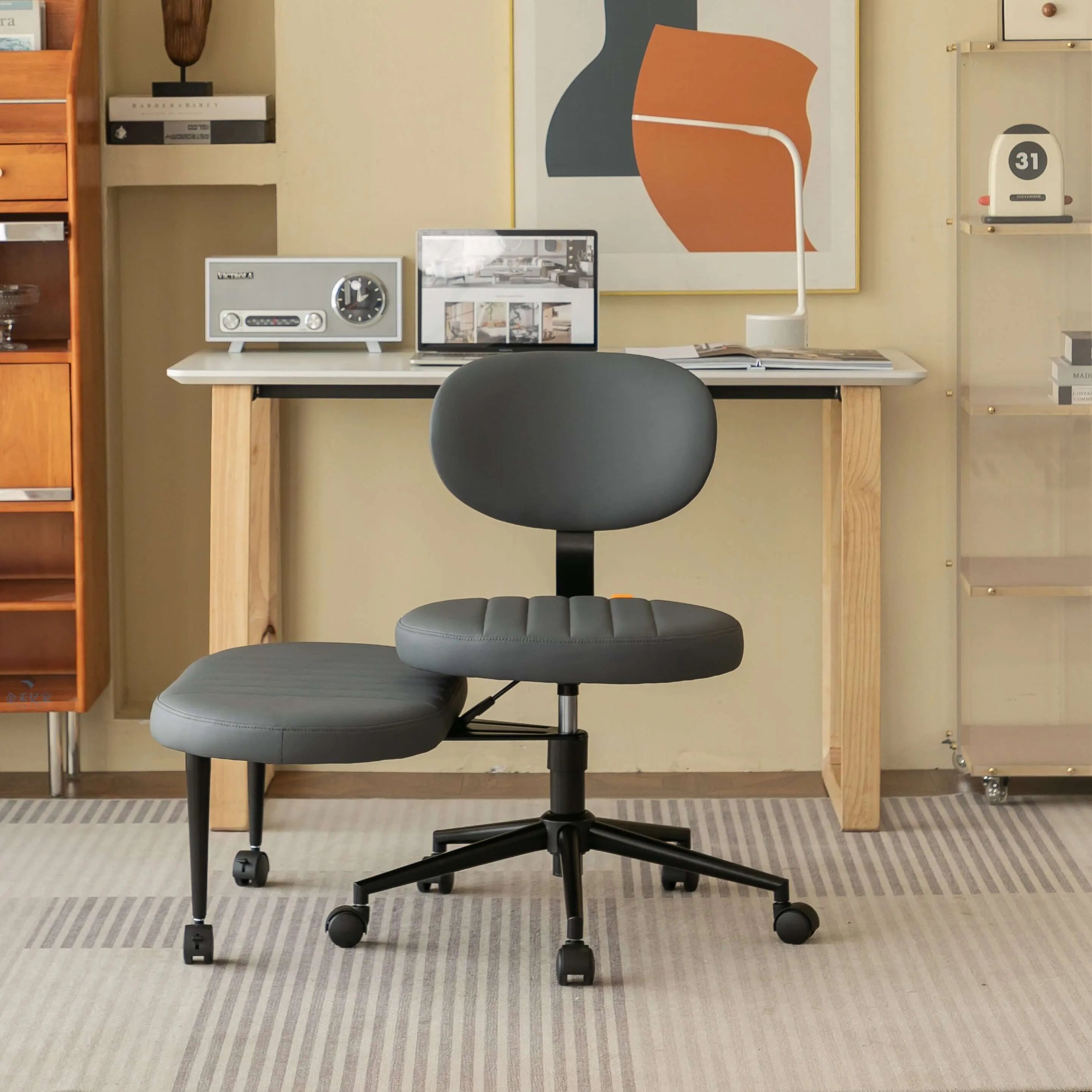 Chenille Meditation Office Chair With Swivel Footrest, Ergonomic Lounge Design