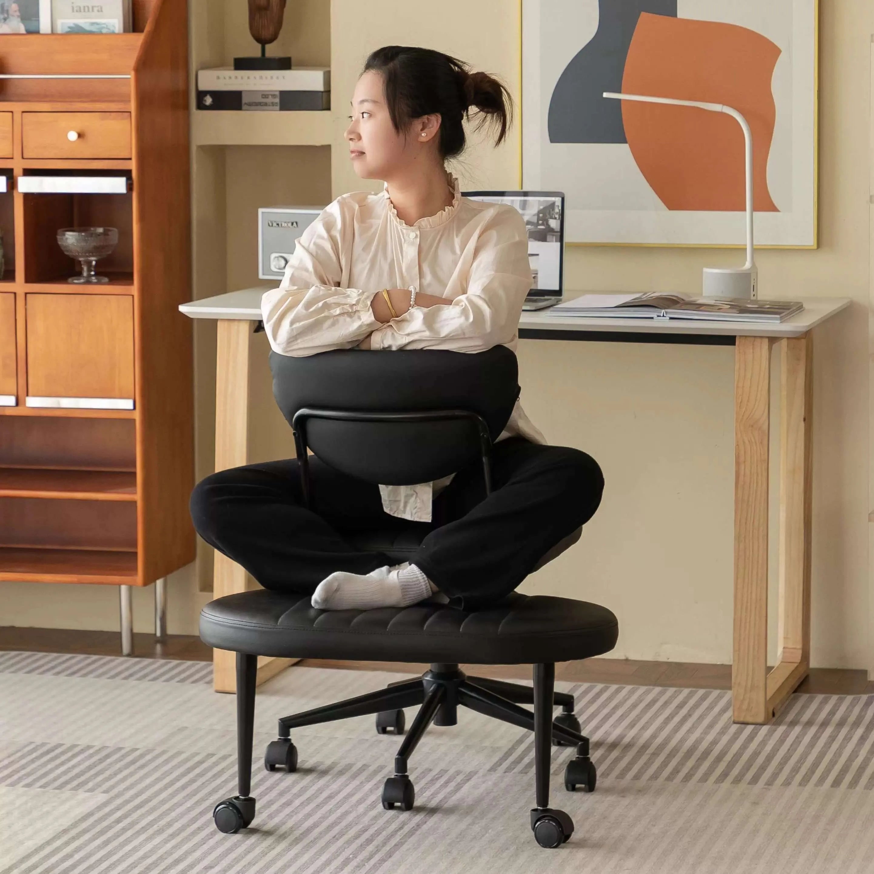 Chenille Meditation Office Chair With Swivel Footrest, Ergonomic Lounge Design
