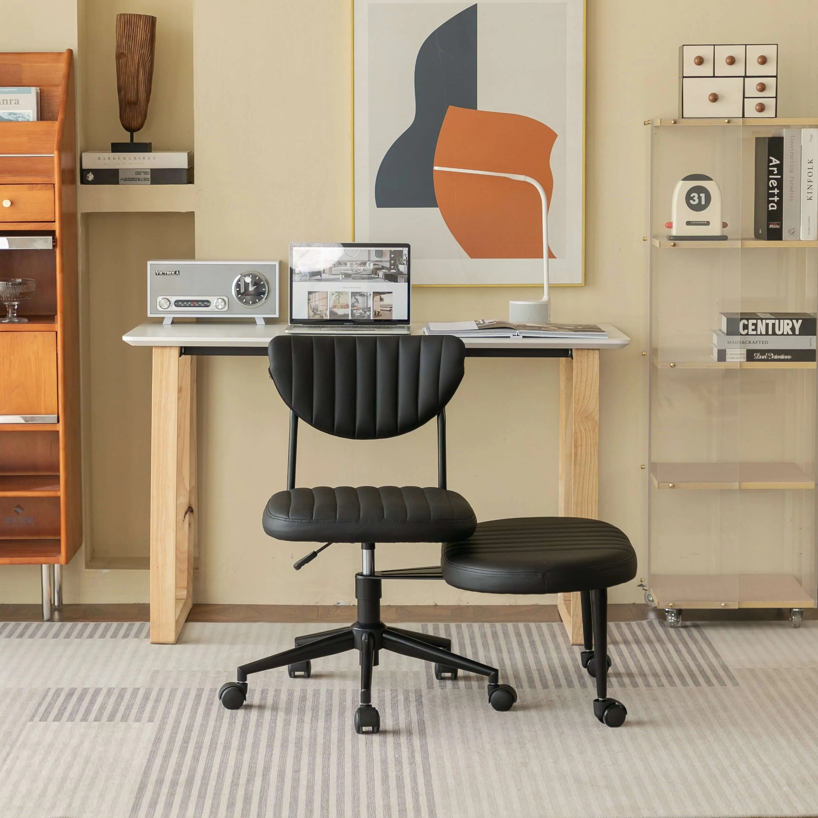 Chenille Meditation Office Chair With Swivel Footrest, Ergonomic Lounge Design