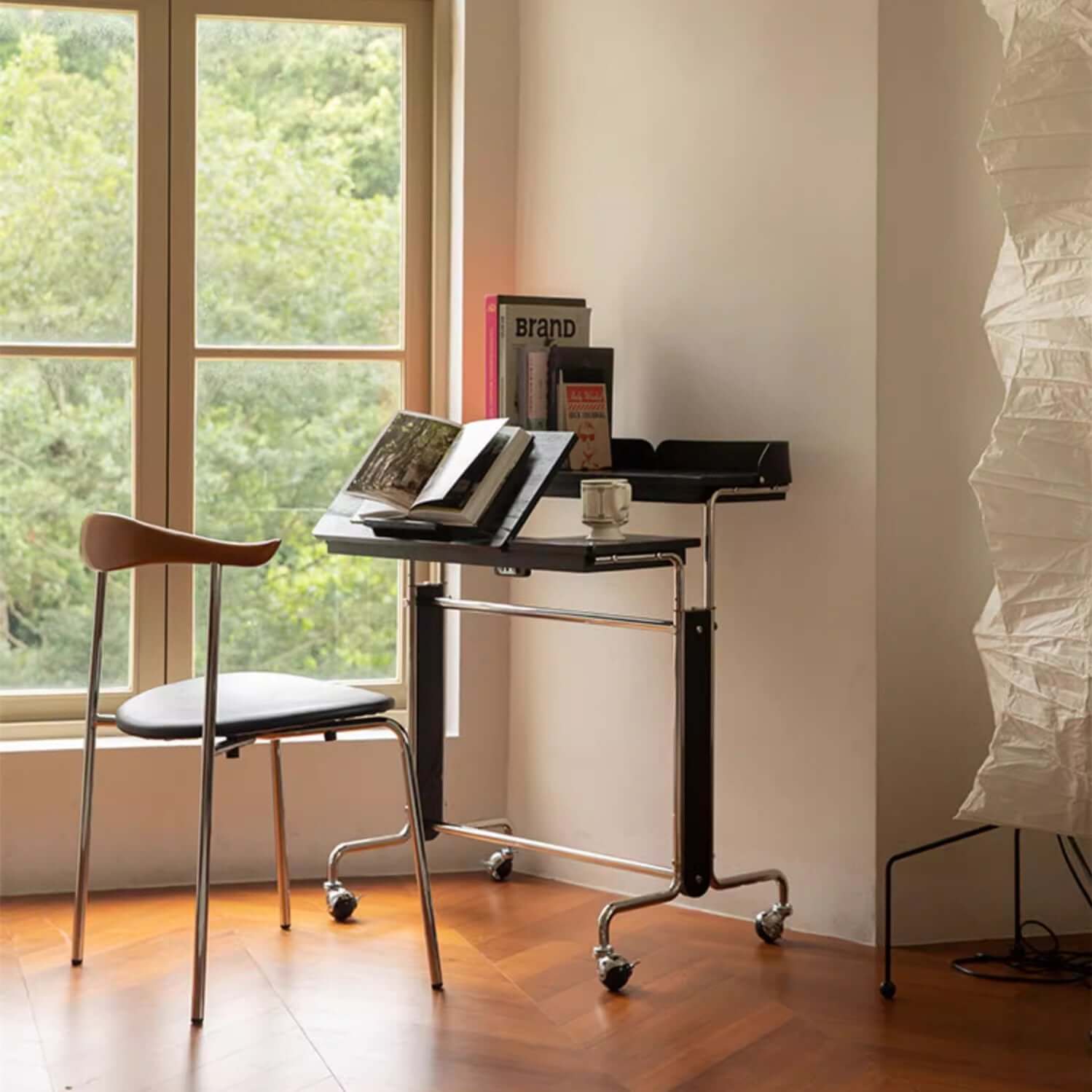 Cherry Wood Adjustable Height Desk With Wheels