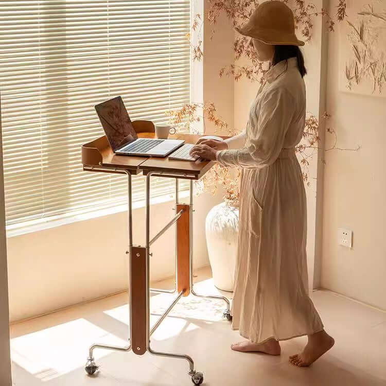 Cherry Wood Adjustable Height Desk With Wheels