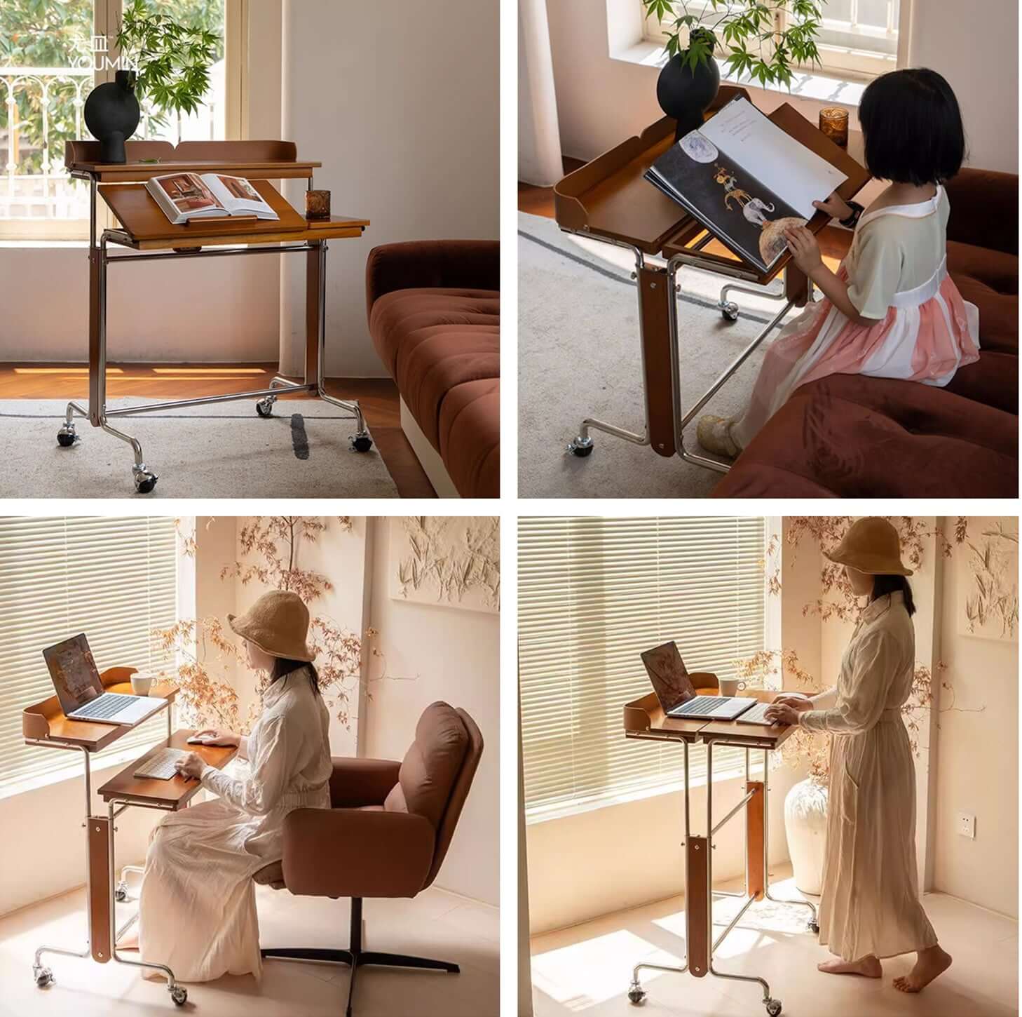 Cherry Wood Adjustable Height Desk With Wheels Main Product Image Hauptbild