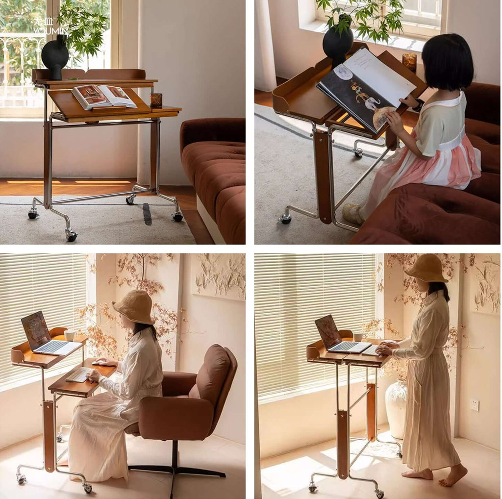 Cherry Wood Adjustable Height Desk With Wheels Main Product Image