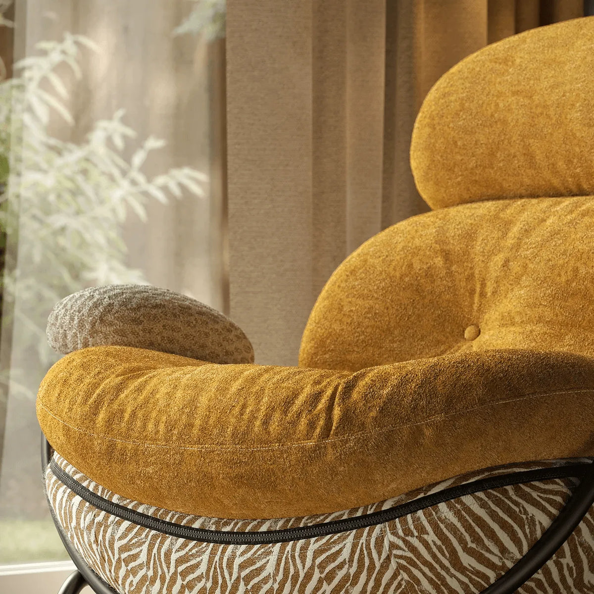 Chestnut Brown Sculptural Rocking Accent Chair With Ash Wood Base and Plush Wool