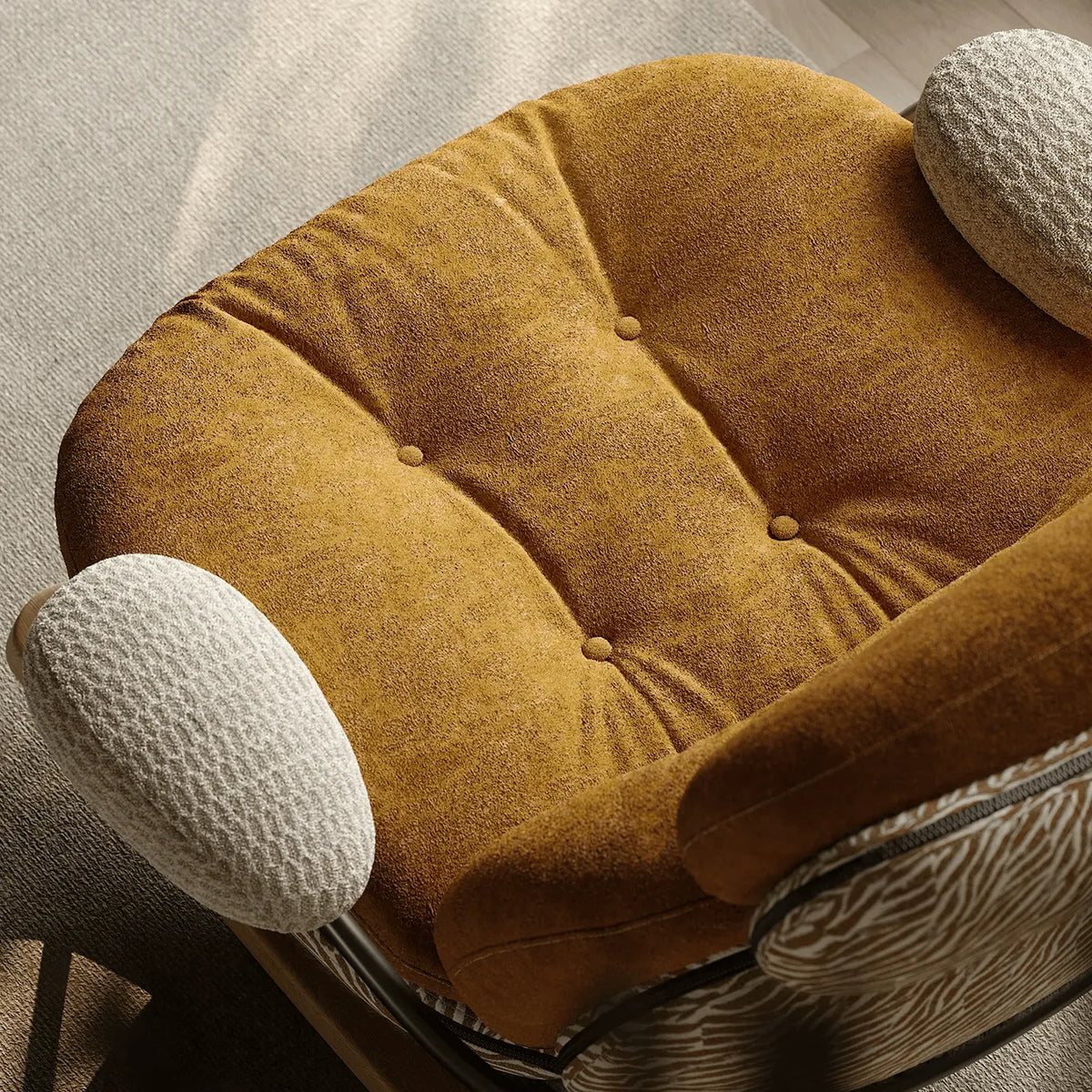 Chestnut Brown Sculptural Rocking Accent Chair With Ash Wood Base and Plush Wool