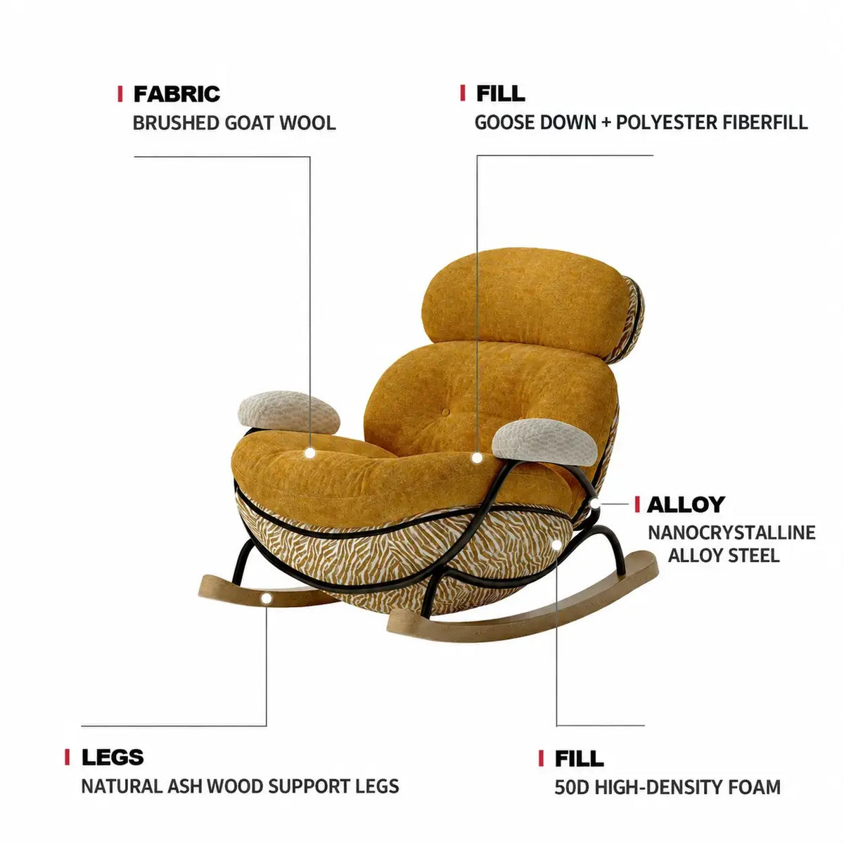 Chestnut Brown Sculptural Rocking Accent Chair With Ash Wood Base and Plush Wool