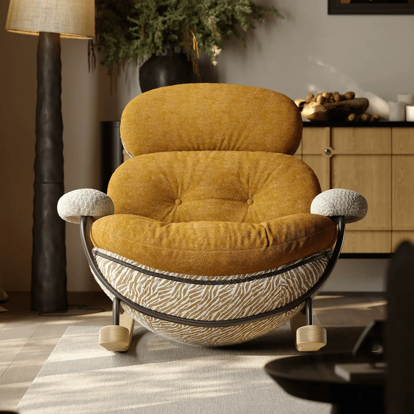 Chestnut Brown Sculptural Rocking Accent Chair With Ash Wood Base and Plush Wool Image secondaire du produit