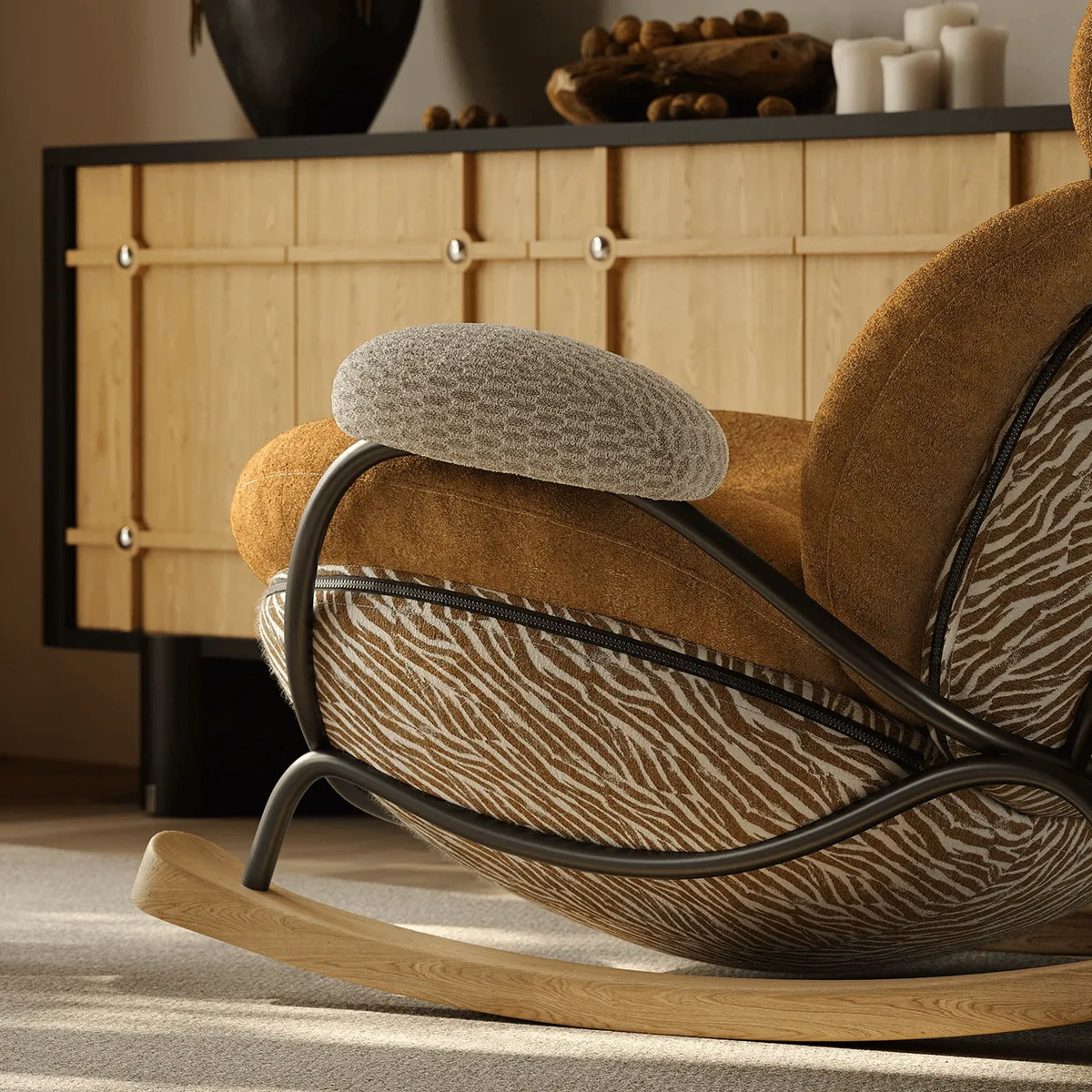 Chestnut Brown Sculptural Rocking Accent Chair With Ash Wood Base and Plush Wool