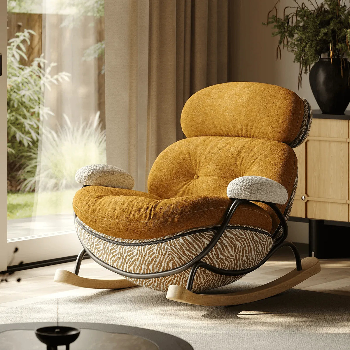 Chestnut Brown Sculptural Rocking Accent Chair With Ash Wood Base and Plush Wool
